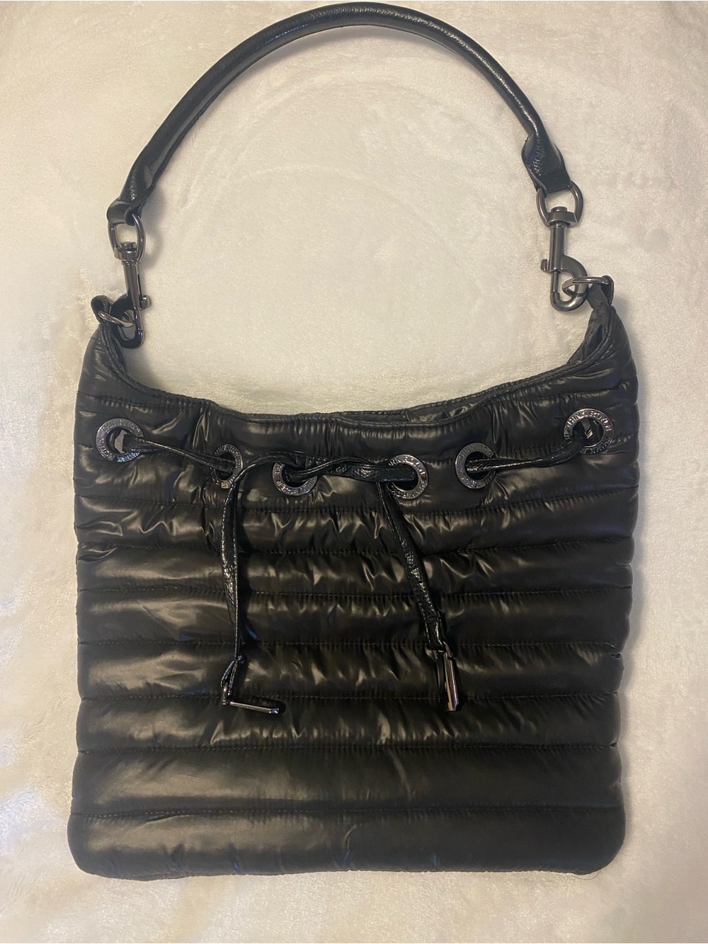 Thin Royln Quilted Black Puffer Shoulder Bag with Drawstring Detail